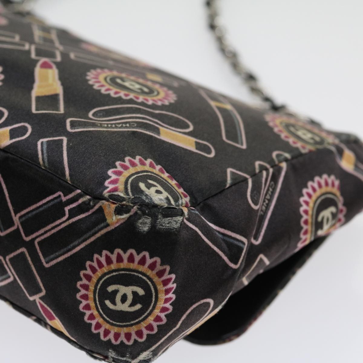 CHANEL Lip Chain Turn Lock Shoulder Bag Satin Black CC  30892