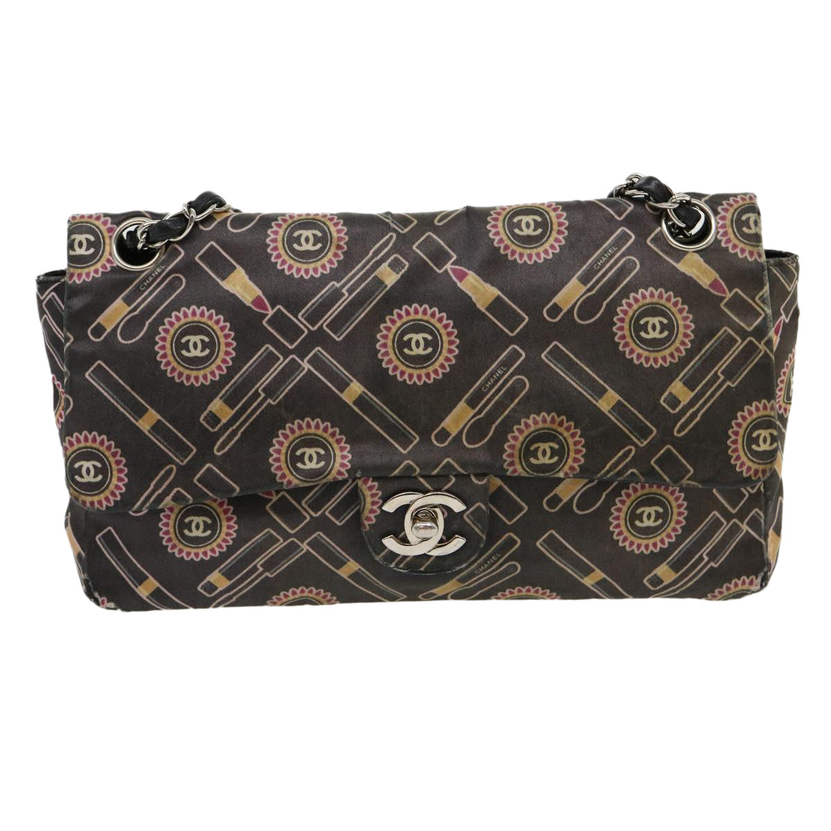 CHANEL Lip Chain Turn Lock Shoulder Bag Satin Black CC  30892