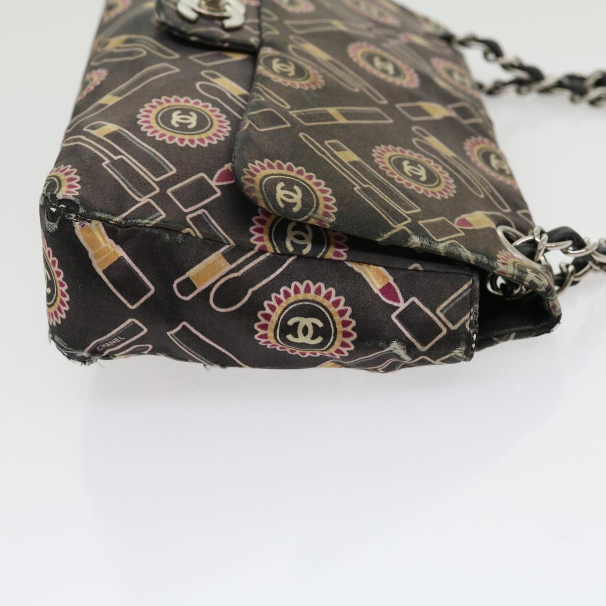 CHANEL Lip Chain Turn Lock Shoulder Bag Satin Black CC  30892