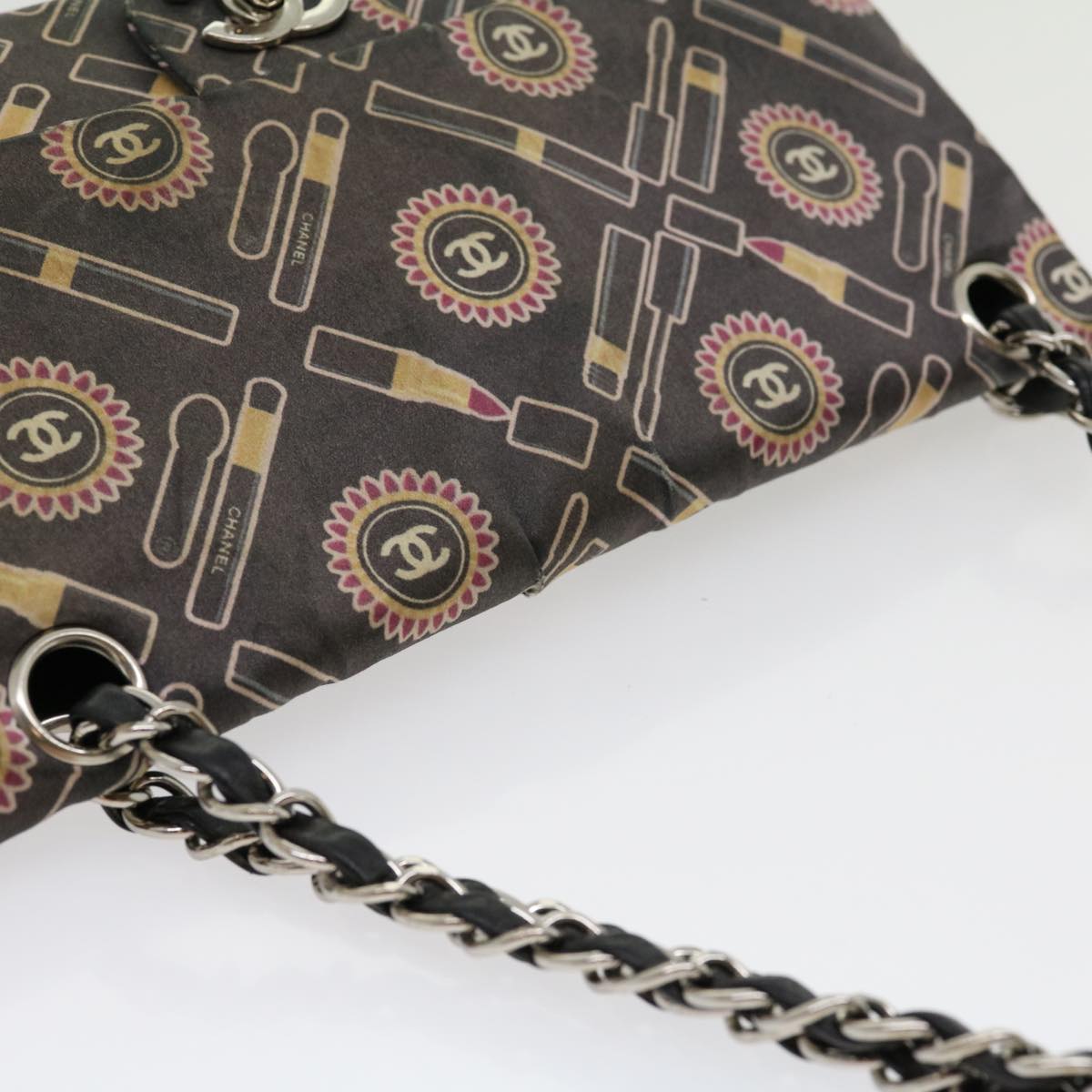 CHANEL Lip Chain Turn Lock Shoulder Bag Satin Black CC  30892