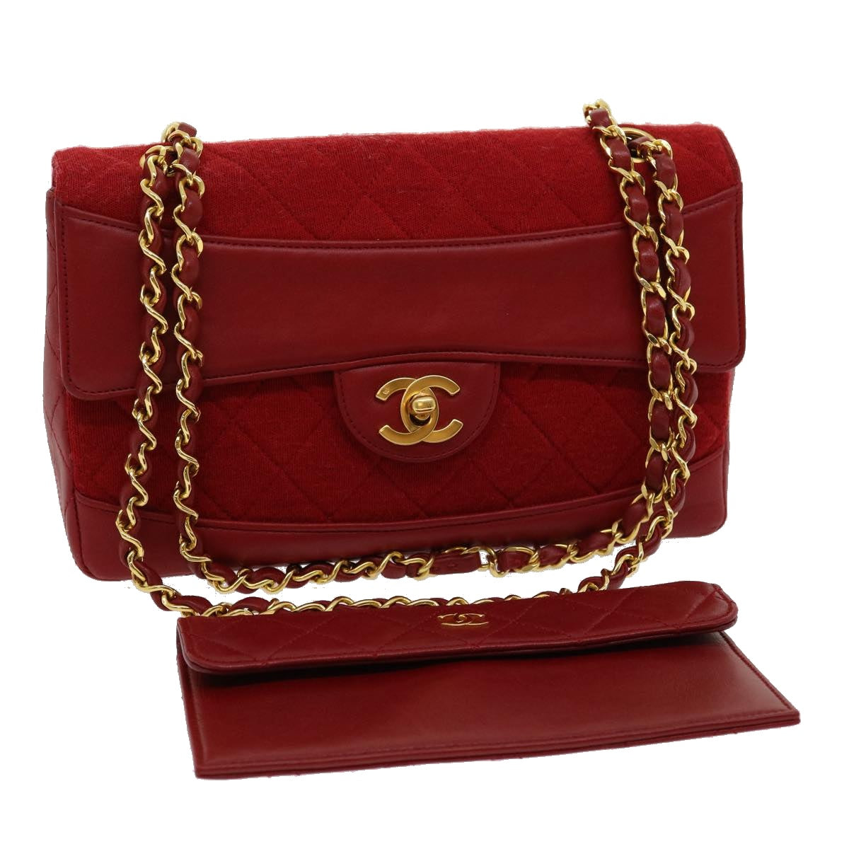 CHANEL Matelasse Double Chain Shoulder Bag Cotton Leather Red CC  30896A