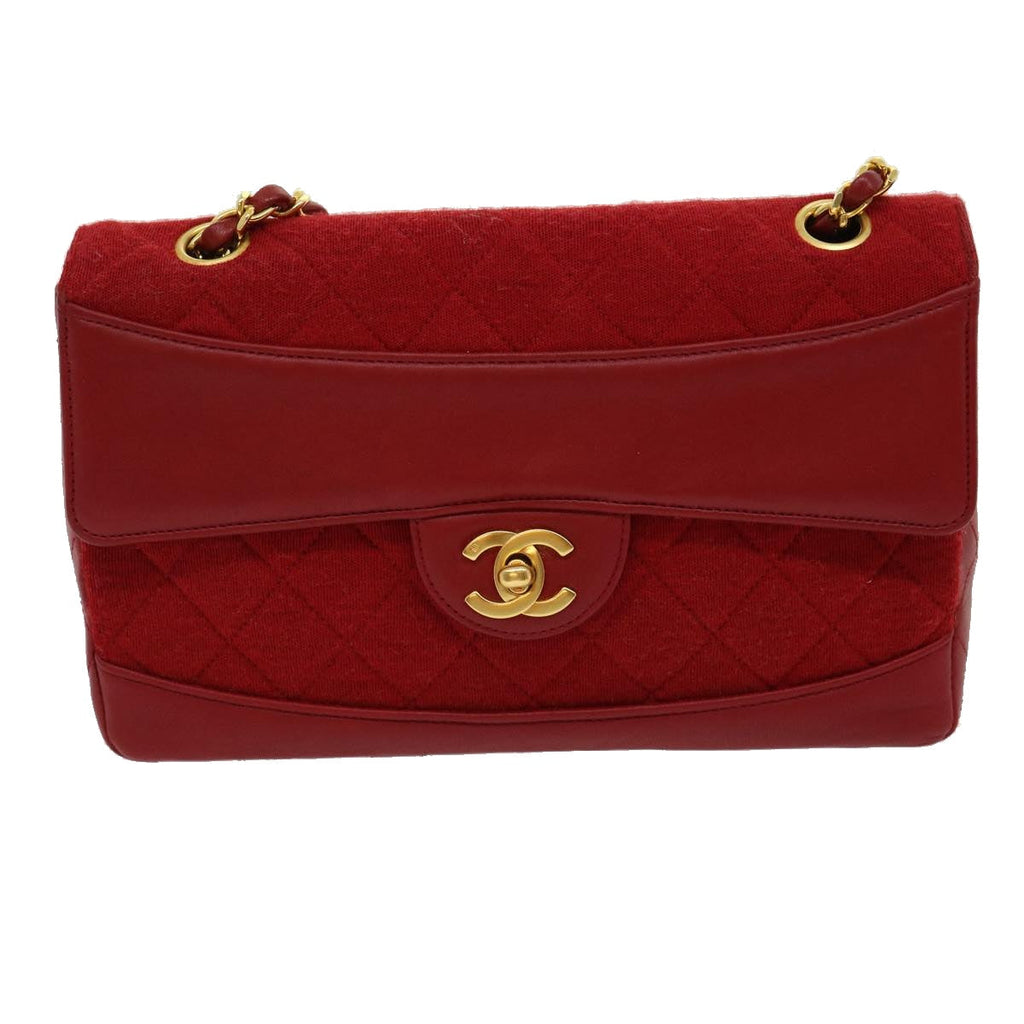 CHANEL Matelasse Double Chain Shoulder Bag Cotton Leather Red CC  30896A