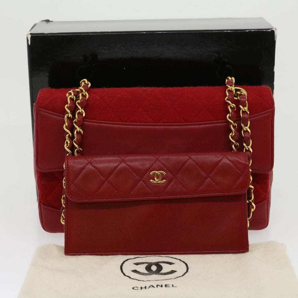 CHANEL Matelasse Double Chain Shoulder Bag Cotton Leather Red CC  30896A