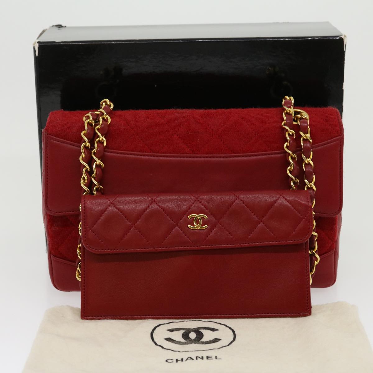 CHANEL Matelasse Double Chain Shoulder Bag Cotton Leather Red CC  30896A