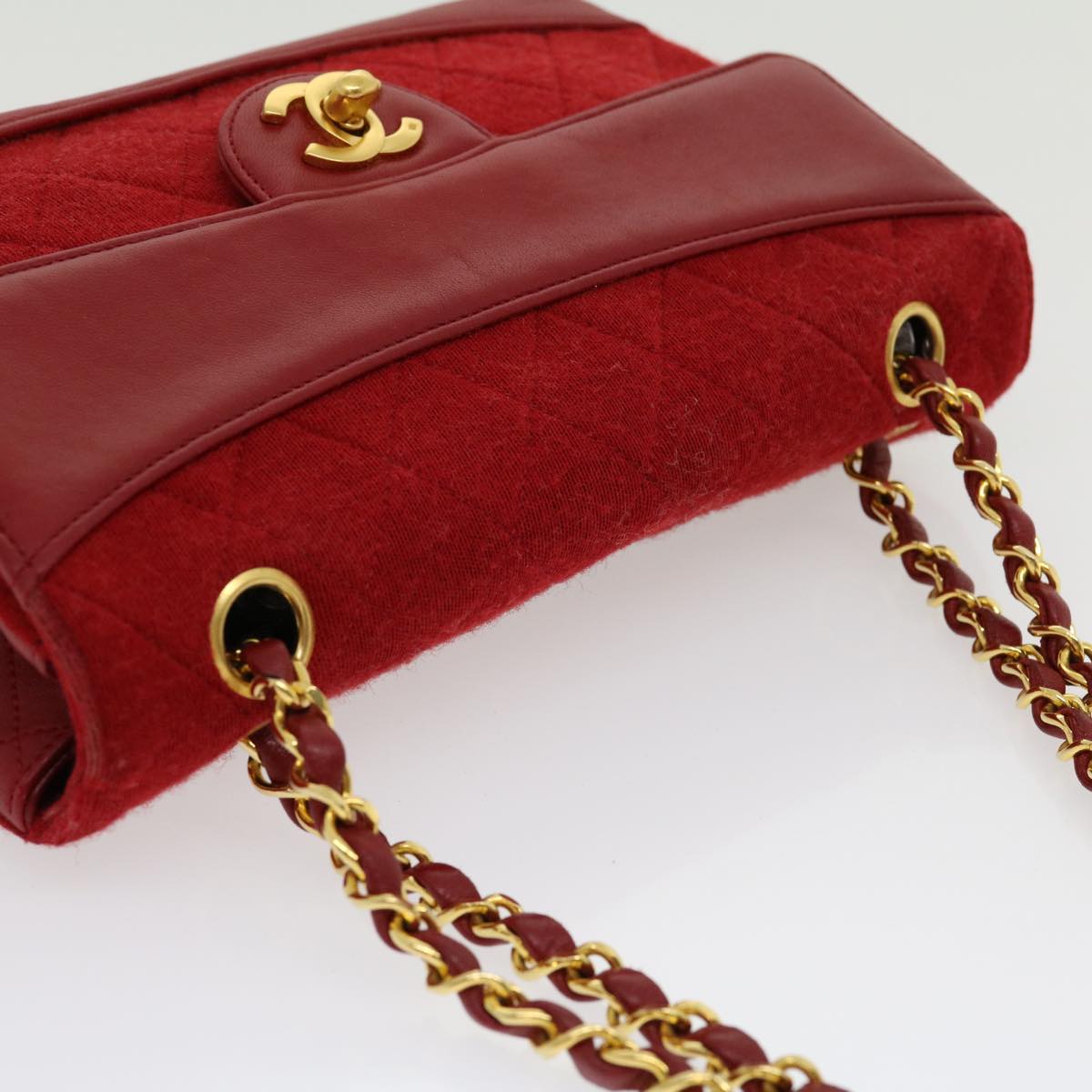 CHANEL Matelasse Double Chain Shoulder Bag Cotton Leather Red CC  30896A