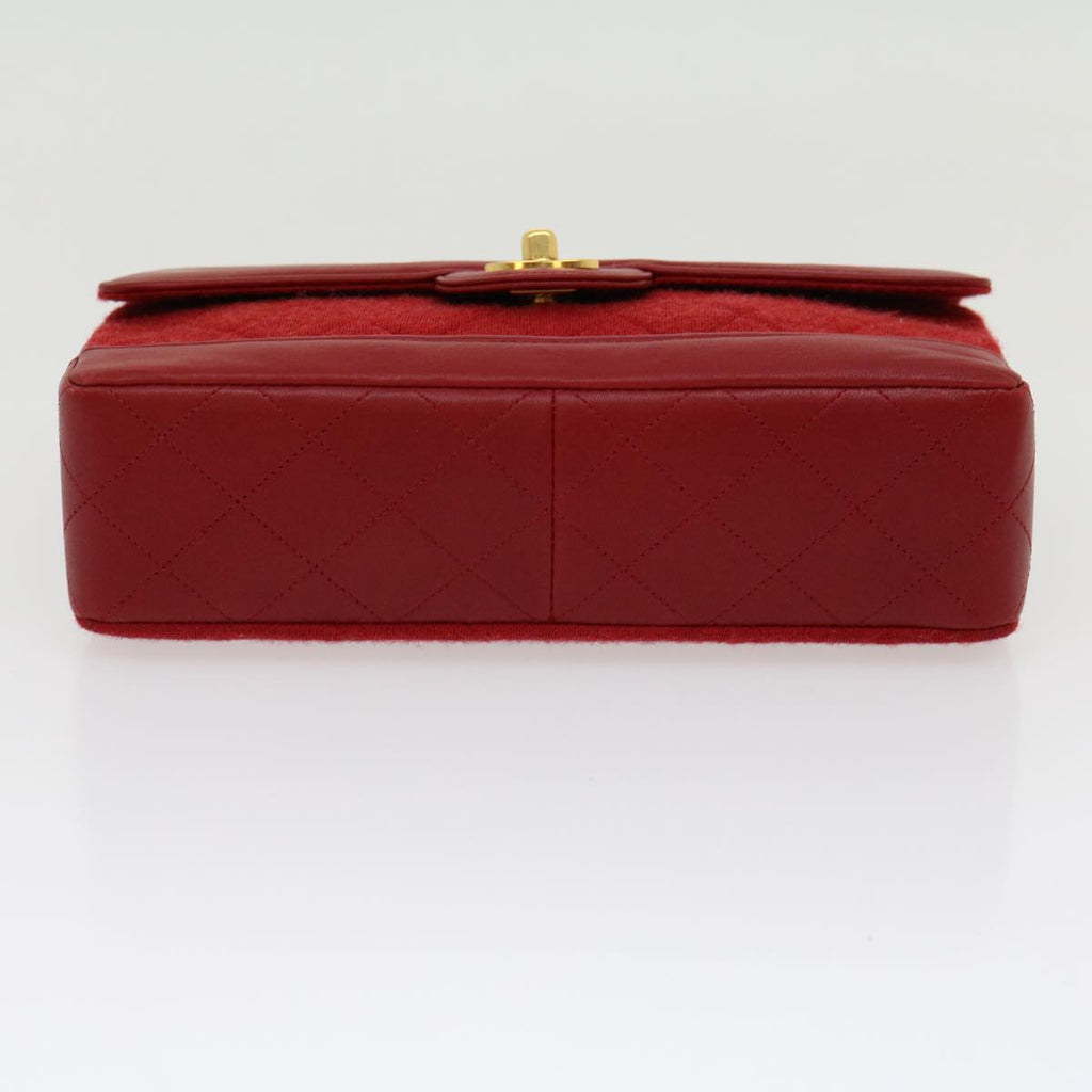 CHANEL Matelasse Double Chain Shoulder Bag Cotton Leather Red CC Auth 30896A