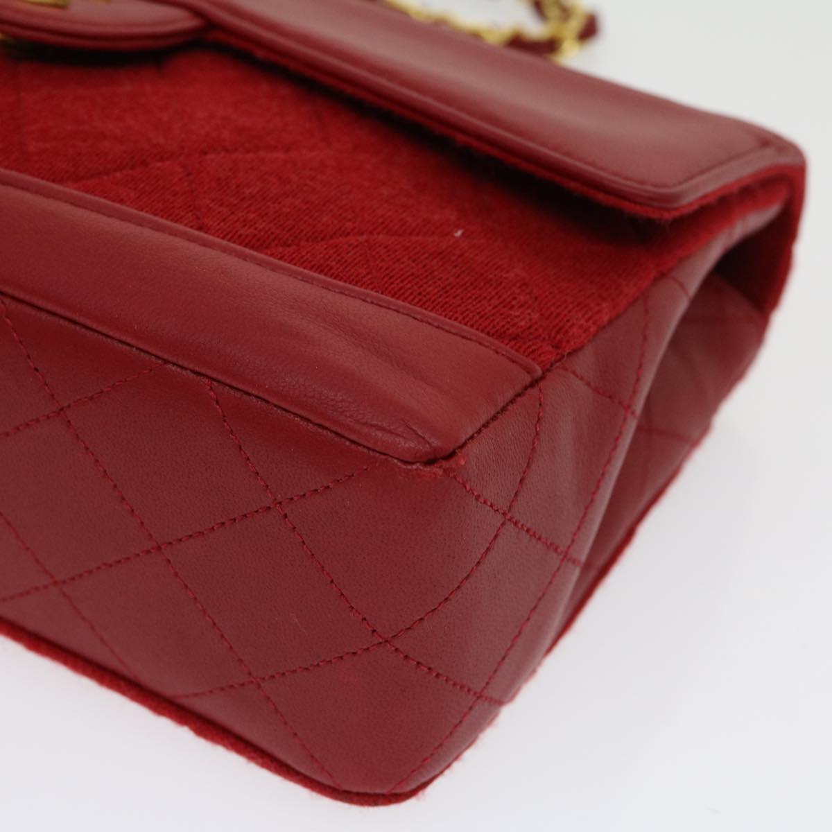 CHANEL Matelasse Double Chain Shoulder Bag Cotton Leather Red CC  30896A