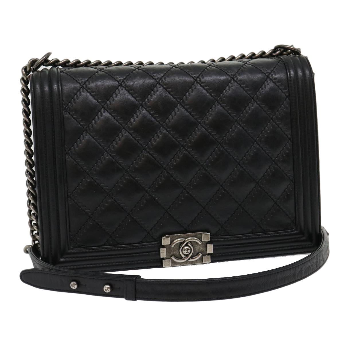 CHANEL Big Matelasse Boy  Chain Shoulder Bag Lamb Skin Black  30943A