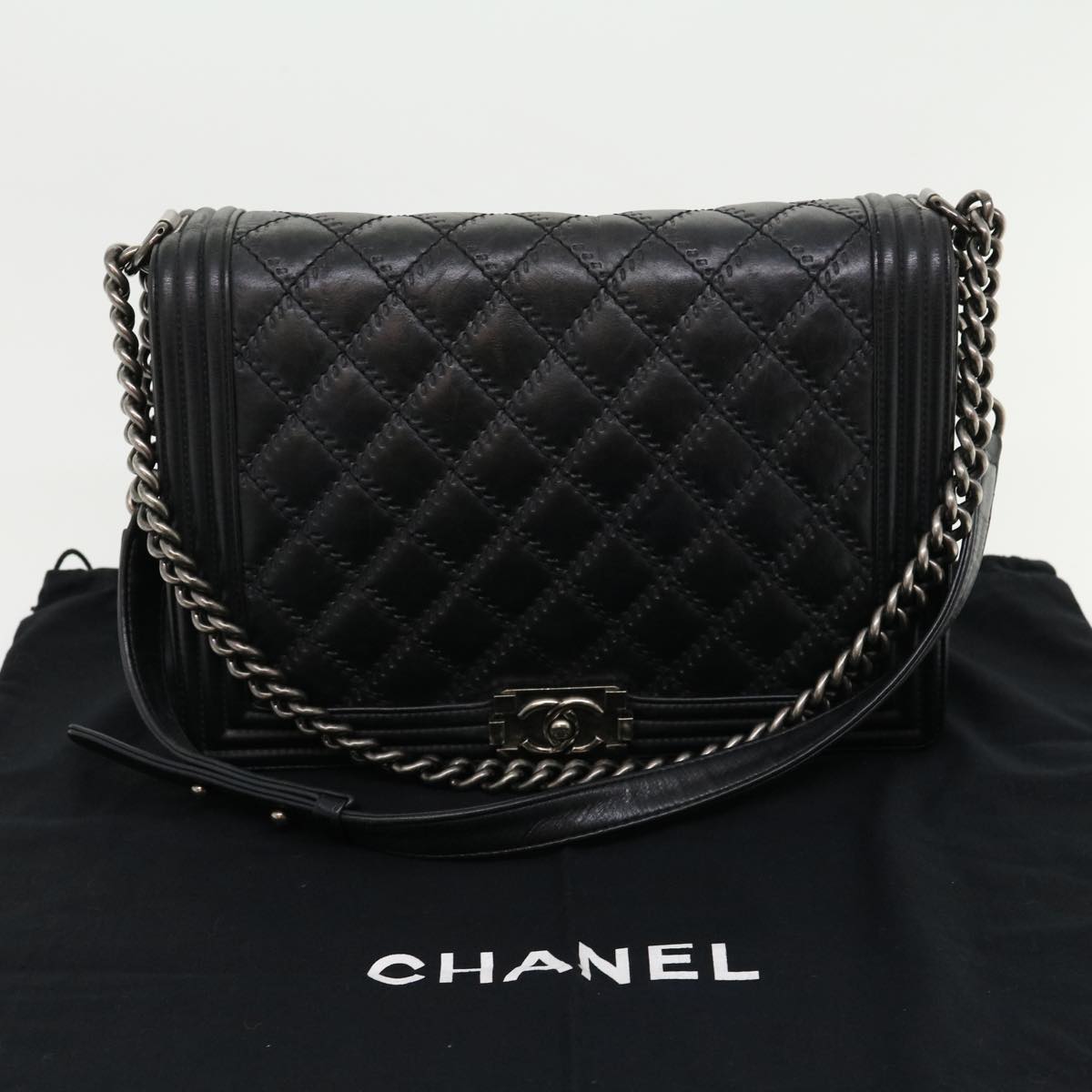 CHANEL Big Matelasse Boy  Chain Shoulder Bag Lamb Skin Black  30943A