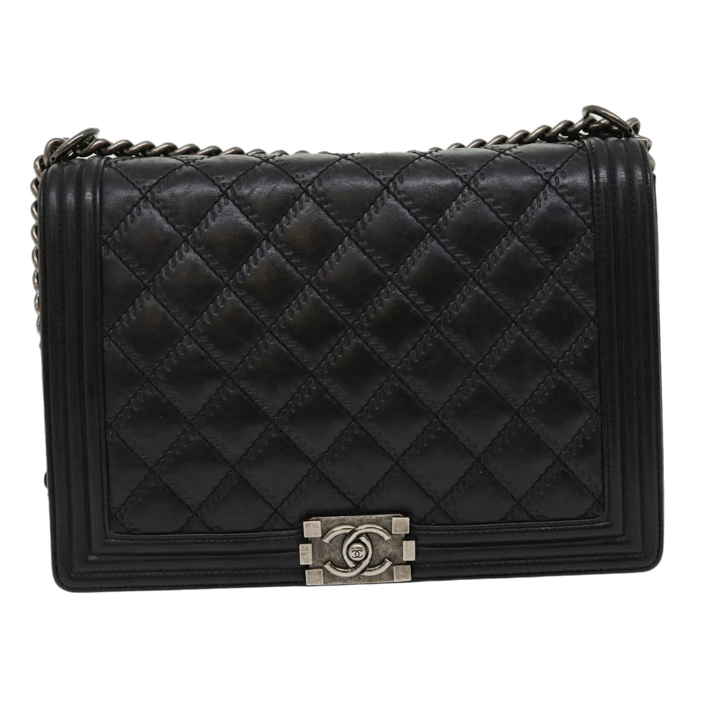 CHANEL Big Matelasse Boy  Chain Shoulder Bag Lamb Skin Black Auth 30943A