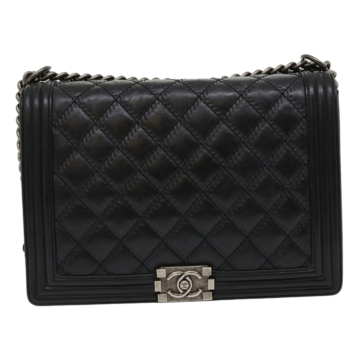 CHANEL Big Matelasse Boy  Chain Shoulder Bag Lamb Skin Black Auth 30943A