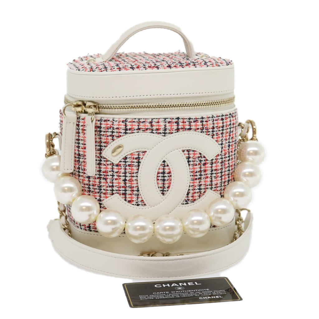 CHANEL Pearl Hand Bag tweed 3ways White Red CC  31176A