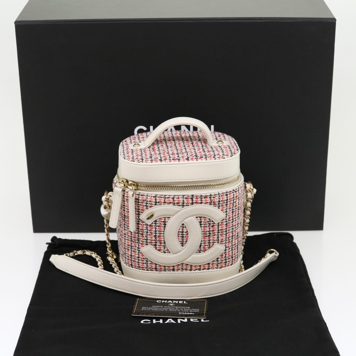 CHANEL Pearl Hand Bag tweed 3ways White Red CC  31176A