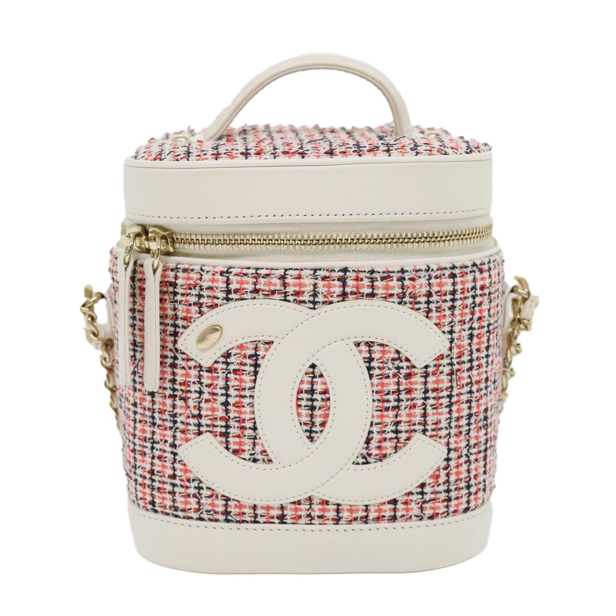 CHANEL Pearl Hand Bag tweed 3ways White Red CC Auth 31176A