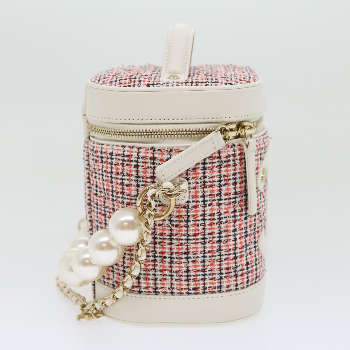 CHANEL Pearl Hand Bag tweed 3ways White Red CC  31176A