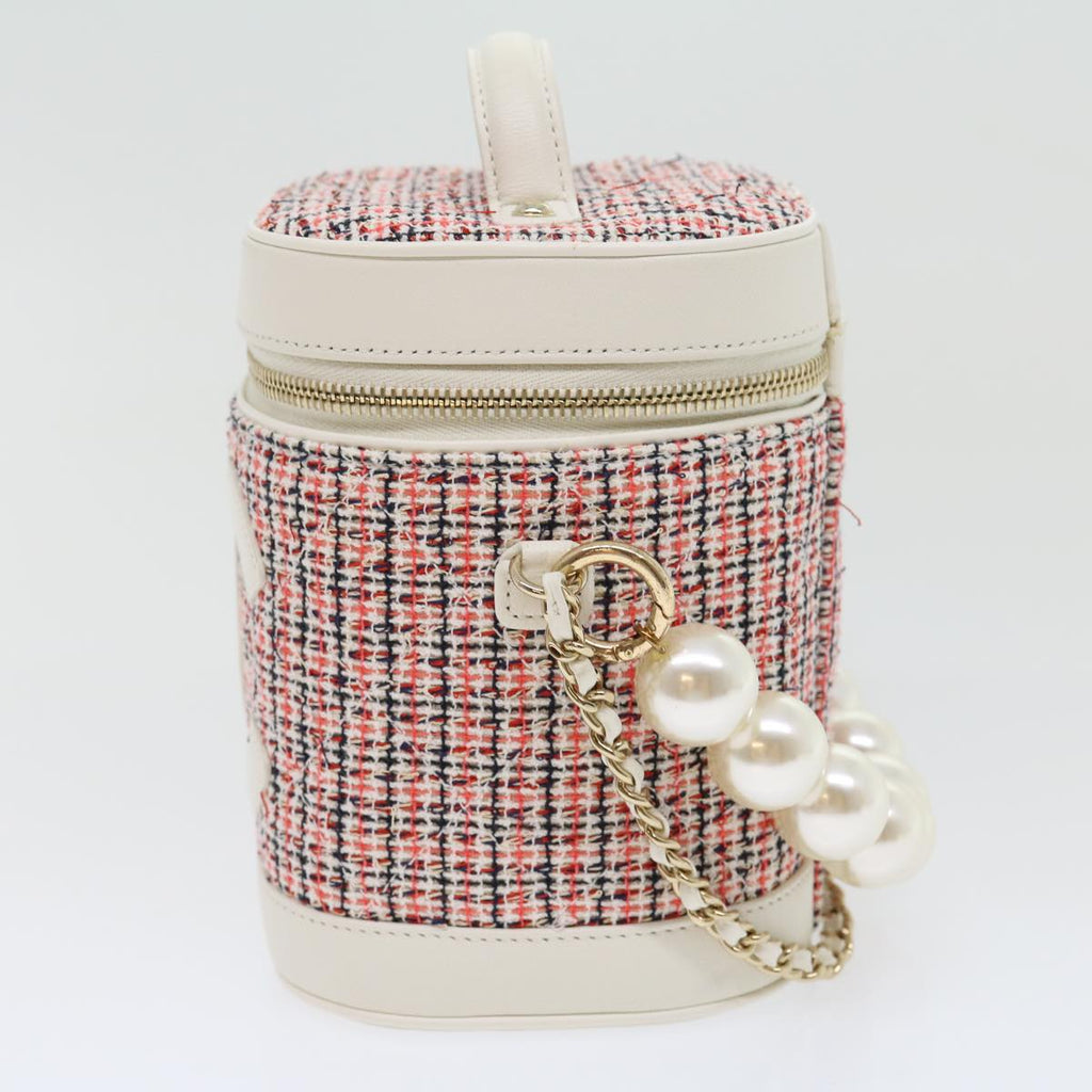 CHANEL Pearl Hand Bag tweed 3ways White Red CC  31176A