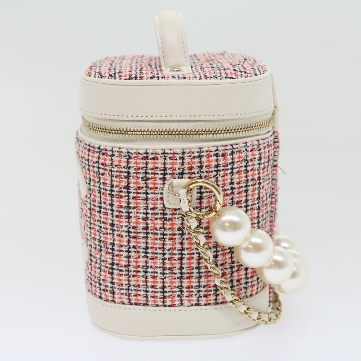 CHANEL Pearl Hand Bag tweed 3ways White Red CC Auth 31176A