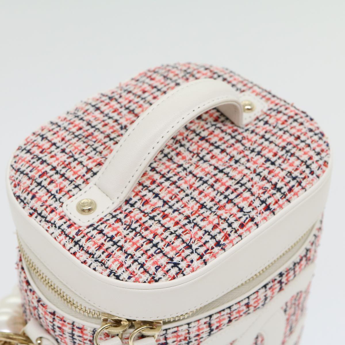CHANEL Pearl Hand Bag tweed 3ways White Red CC  31176A