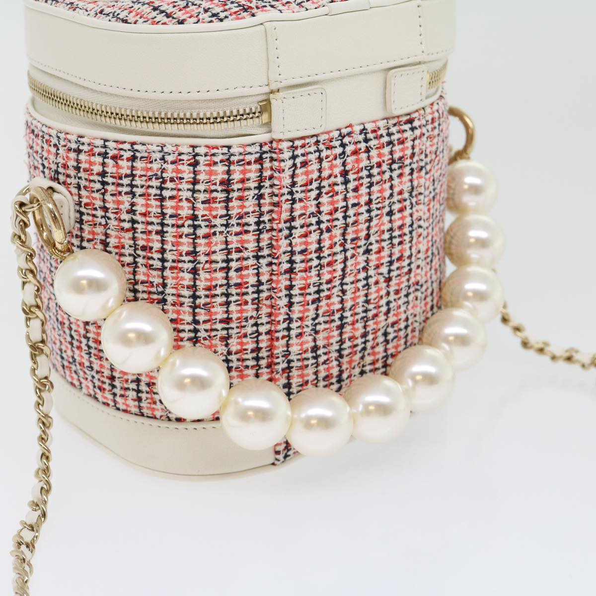 CHANEL Pearl Hand Bag tweed 3ways White Red CC Auth 31176A