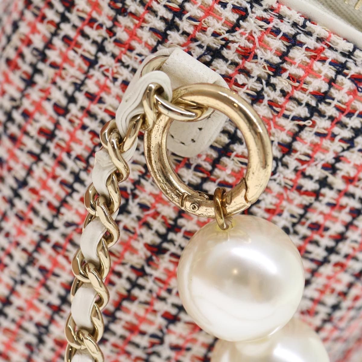 CHANEL Pearl Hand Bag tweed 3ways White Red CC  31176A