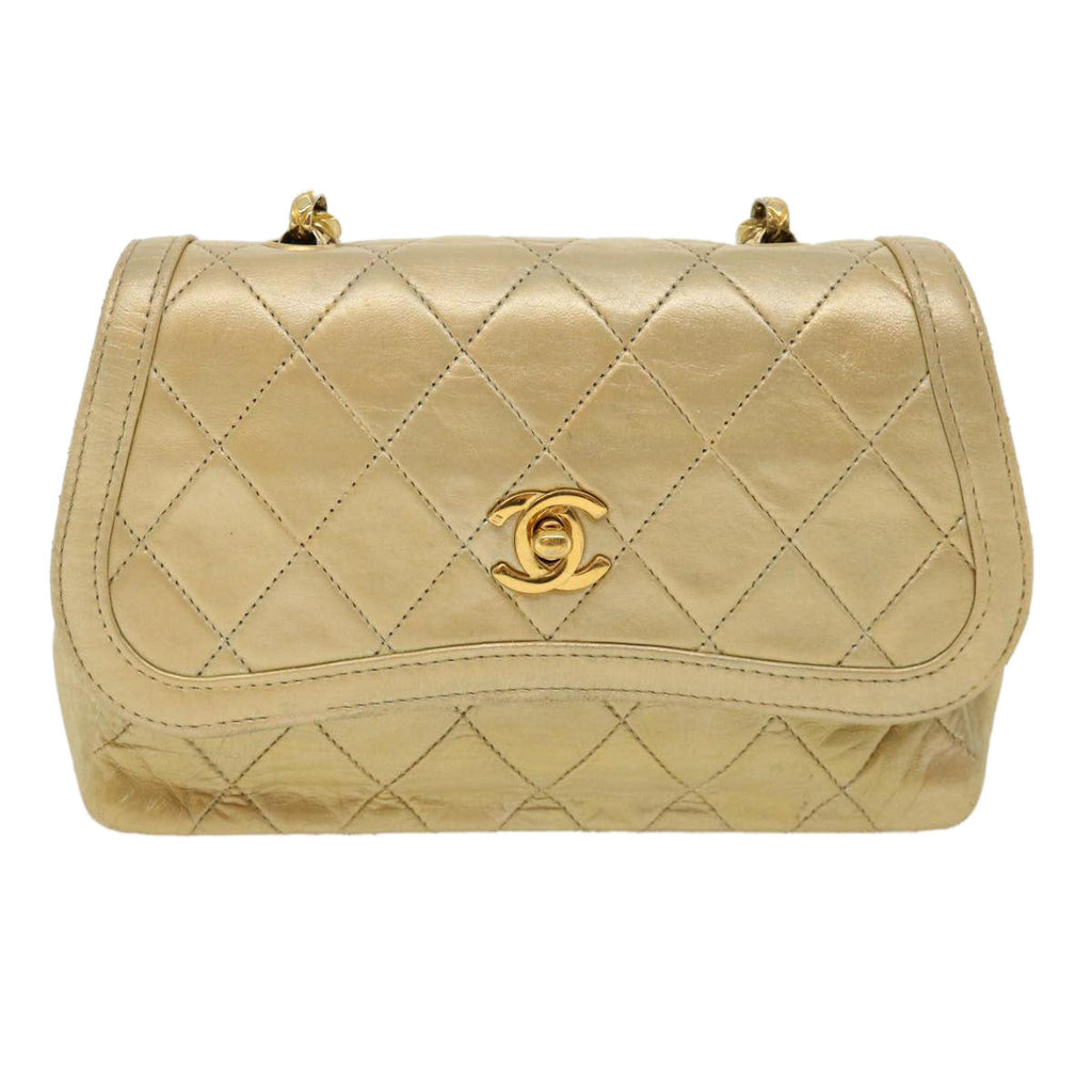 CHANEL Matelasse Turn Lock Chain Shoulder Bag Lamb Skin Gold CC  31382A