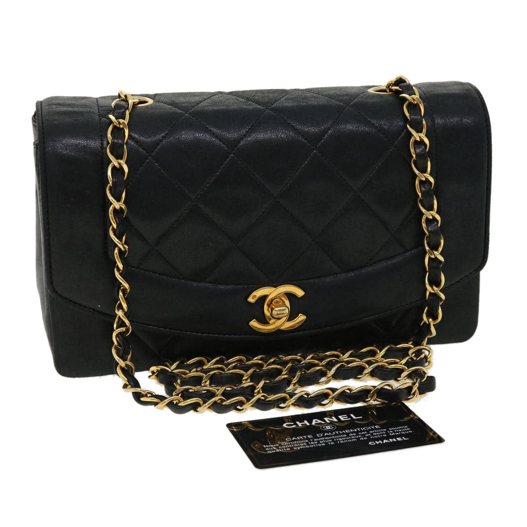CHANEL Diana Matelasse Shoulder Bag Lamb Skin Black CC Auth 31443