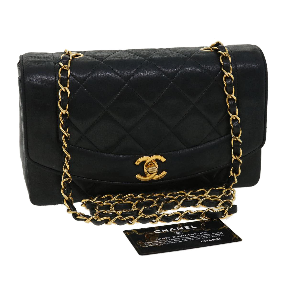 CHANEL Diana Matelasse Shoulder Bag Lamb Skin Black CC Auth 31443