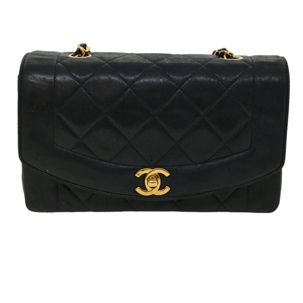 CHANEL Diana Matelasse Shoulder Bag Lamb Skin Black CC  31443