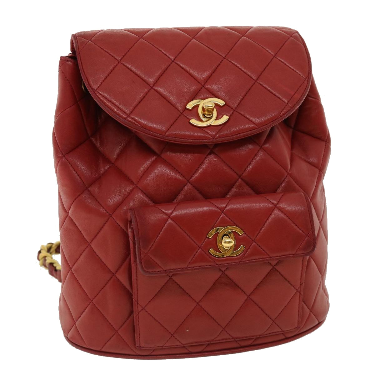 CHANEL Matelasse Chain Hand Bag Lamb Skin Red CC Auth 31892A