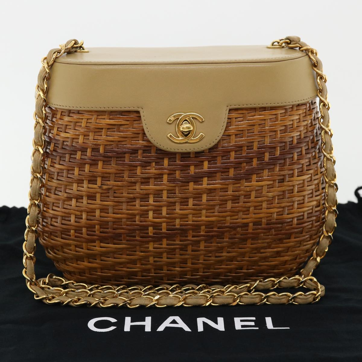 CHANEL Basket Chain Shoulder Bag Leather rattan Brown CC  31896A
