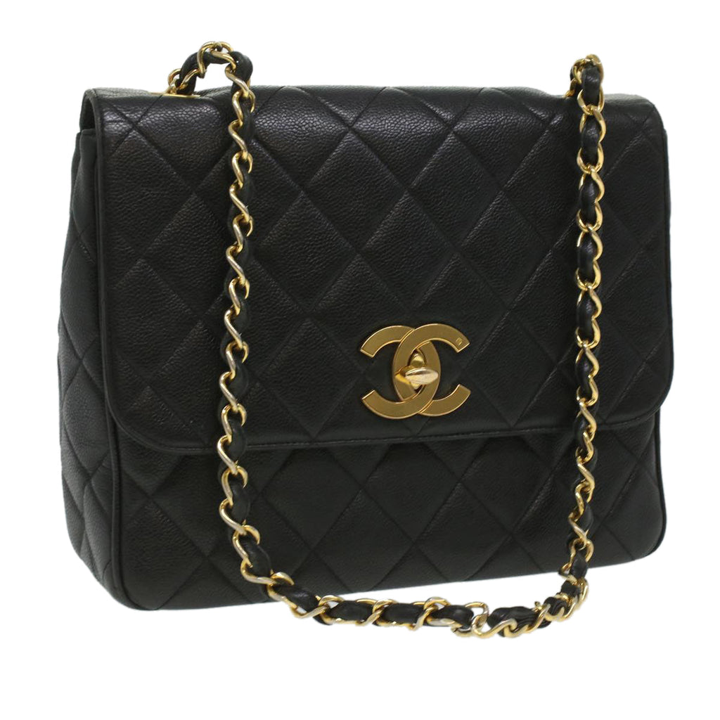 CHANEL Big Matelasse Turn Lock Shoulder Bag Caviar Skin Black CC  32155A