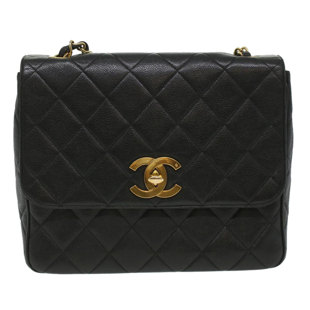 CHANEL Big Matelasse Turn Lock Shoulder Bag Caviar Skin Black CC  32155A