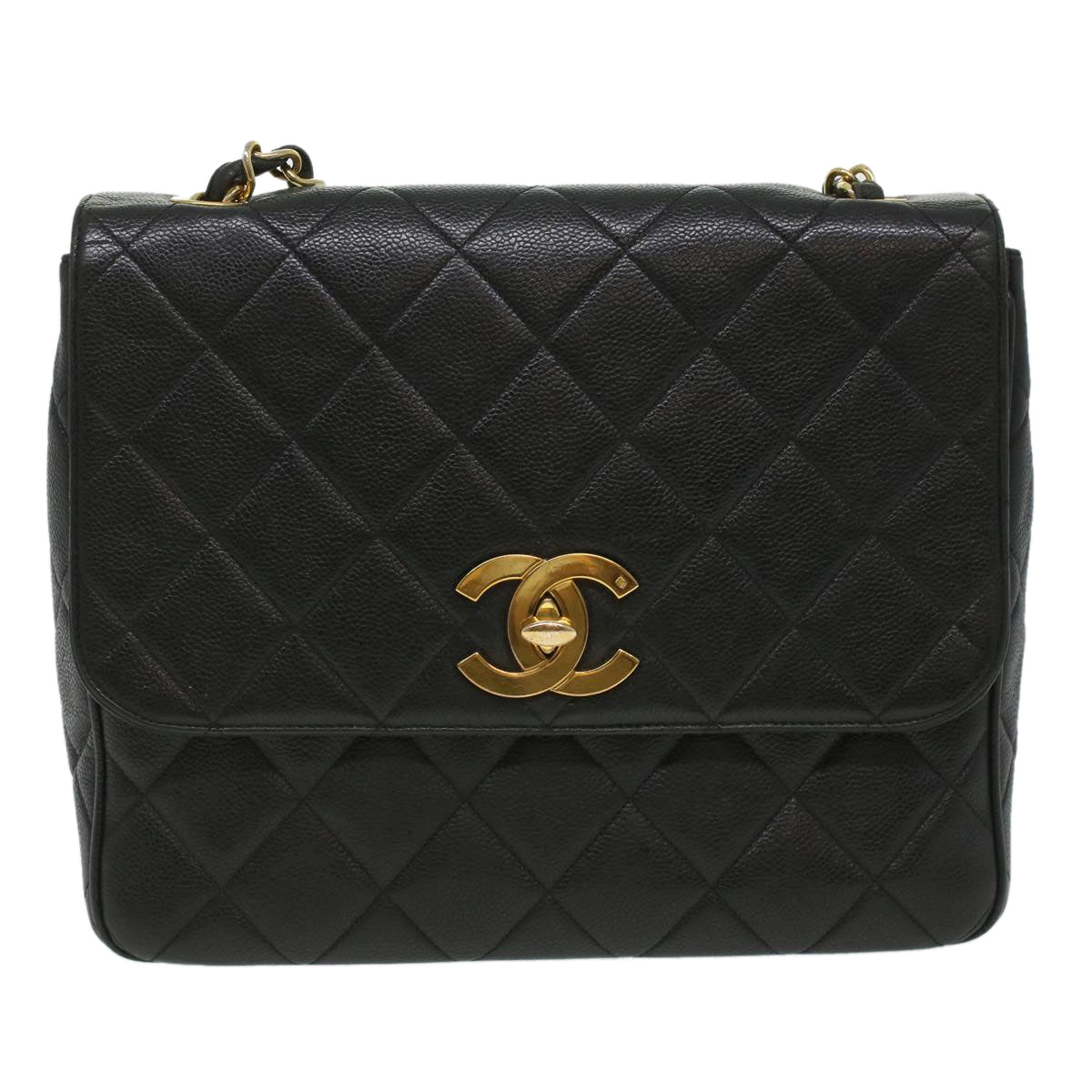 CHANEL Big Matelasse Turn Lock Shoulder Bag Caviar Skin Black CC  32155A