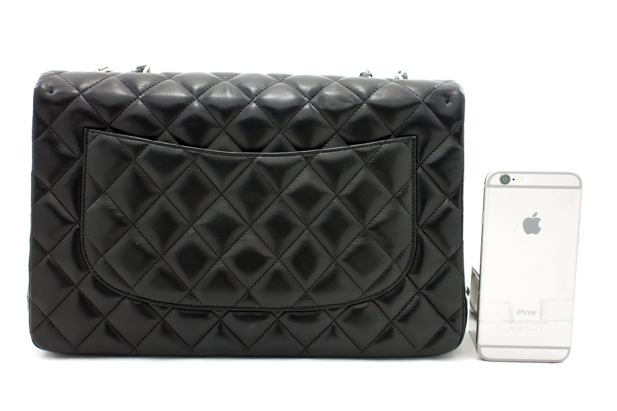 CHANEL Large Classic Handbag 11"Chain Shoulder Bag Flap Black Lamb h44