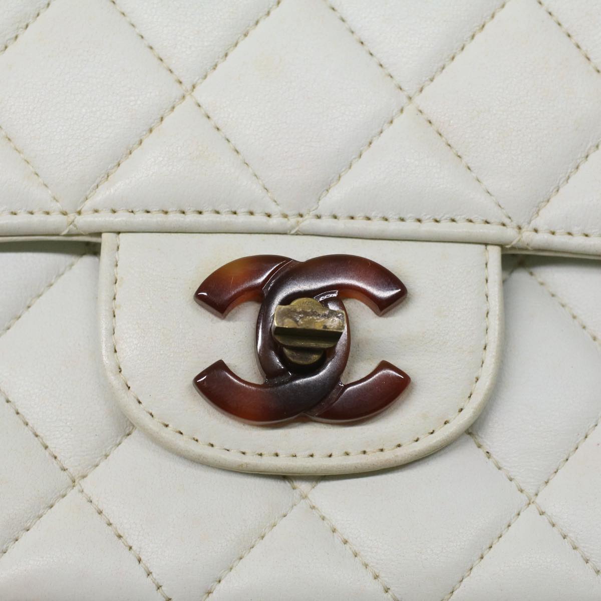 CHANEL Matelasse Turn Lock Shoulder Bag Lamb Skin Brown White CC  32160A