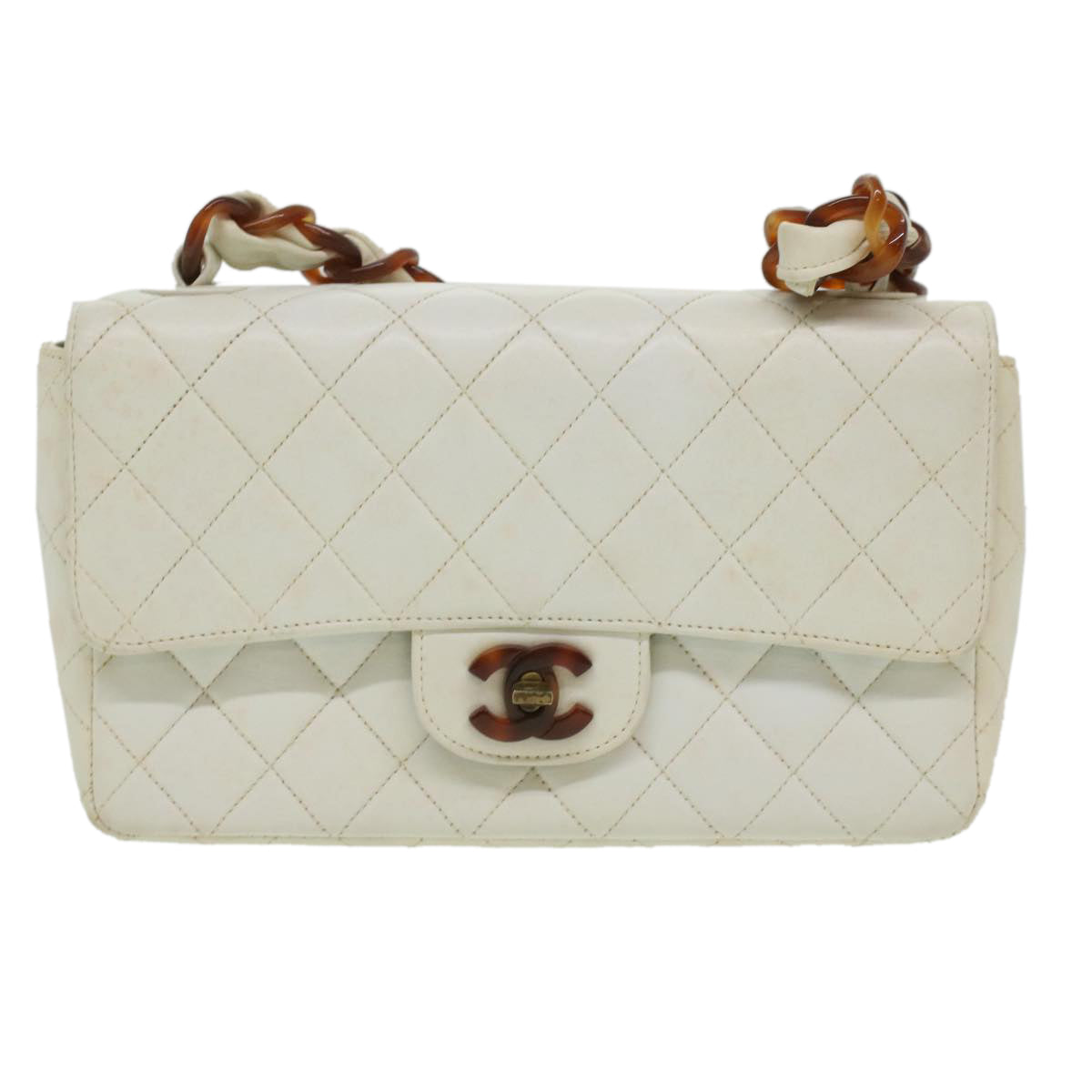CHANEL Matelasse Turn Lock Shoulder Bag Lamb Skin Brown White CC Auth 32160A