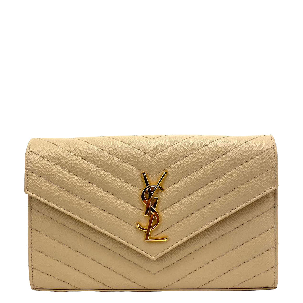 SAINT LAURENT Quilted Wallet on a Chain Beige