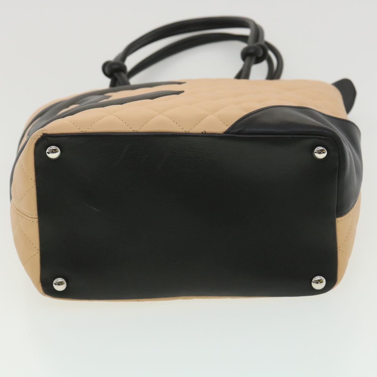 CHANEL Cambon Line Tote Bag Lamb Skin Beige Black CC  36768