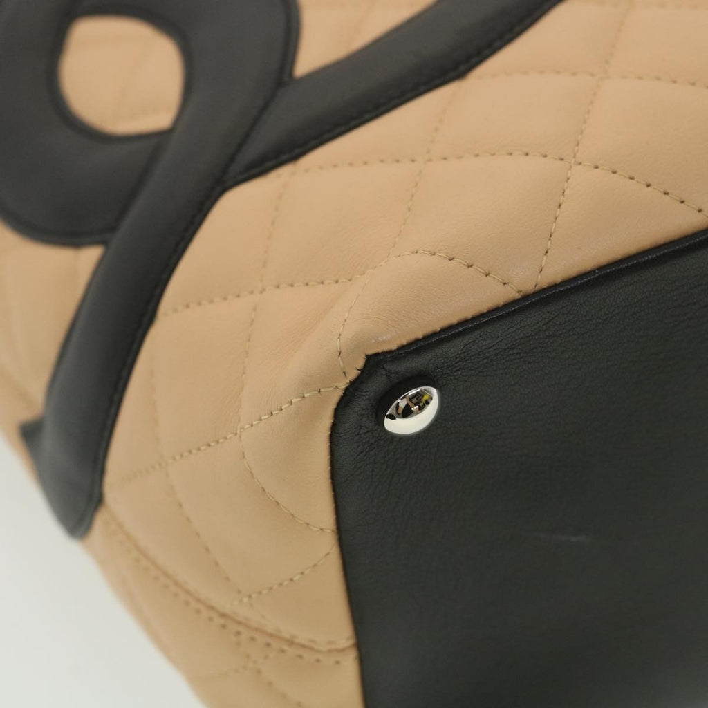CHANEL Cambon Line Tote Bag Lamb Skin Beige Black CC  36768