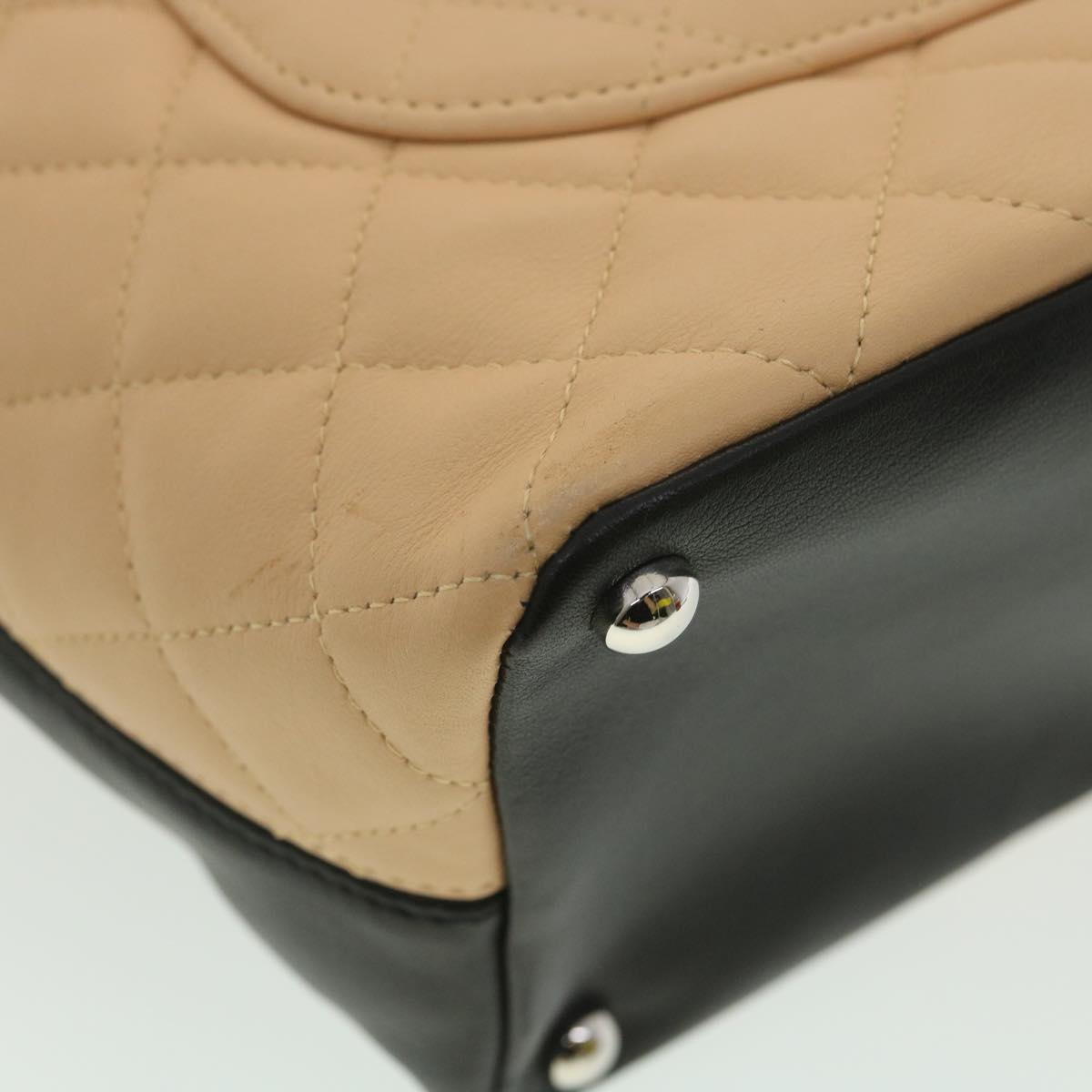 CHANEL Cambon Line Tote Bag Lamb Skin Beige Black CC  36768