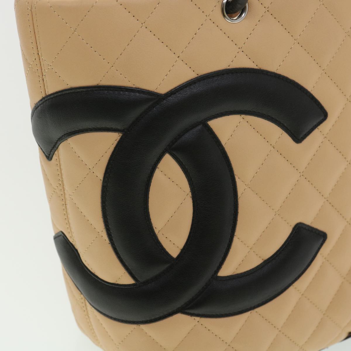 CHANEL Cambon Line Tote Bag Lamb Skin Beige Black CC  36768
