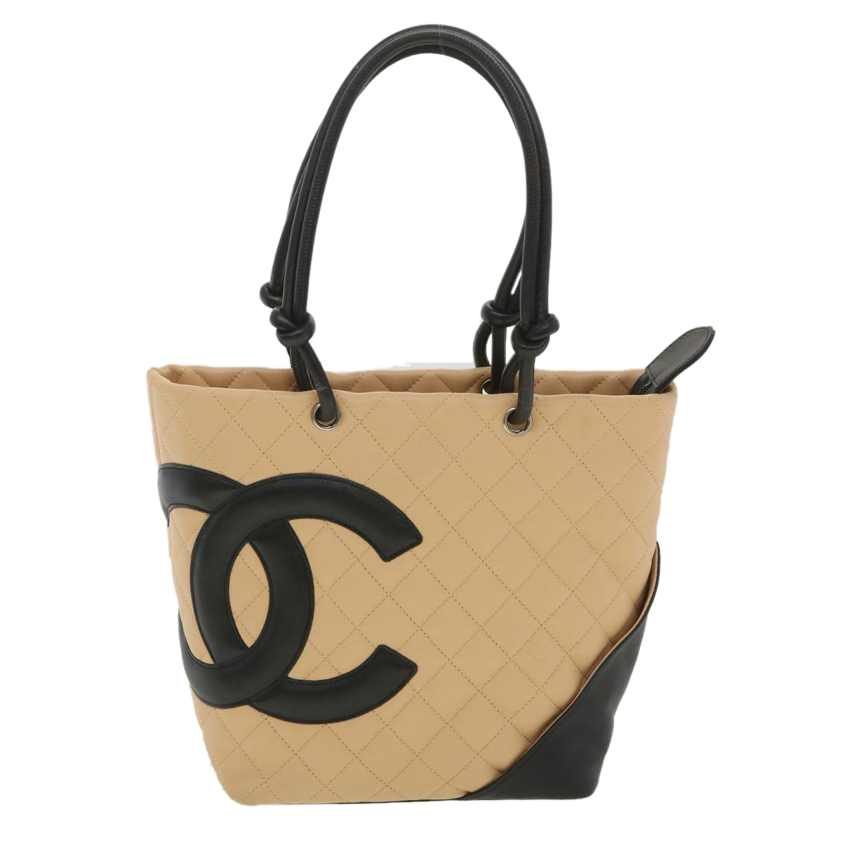 CHANEL Cambon Line Tote Bag Lamb Skin Beige Black CC  36768