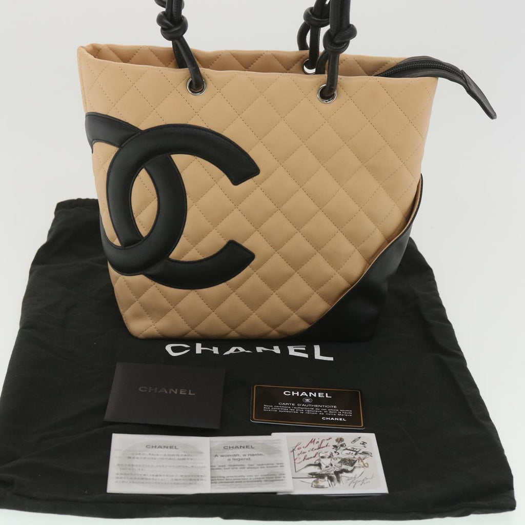 CHANEL Cambon Line Tote Bag Lamb Skin Beige Black CC  36768