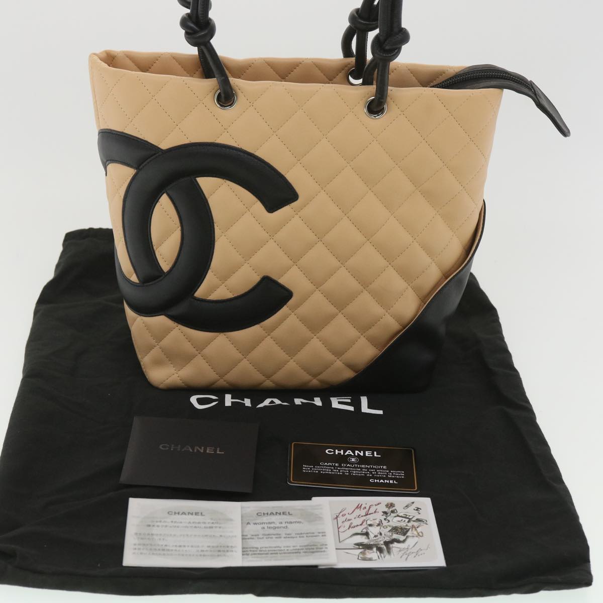 CHANEL Cambon Line Tote Bag Lamb Skin Beige Black CC  36768