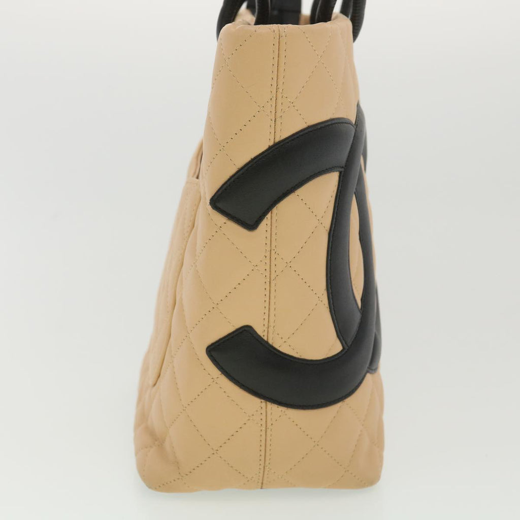 CHANEL Cambon Line Tote Bag Lamb Skin Beige Black CC  36768