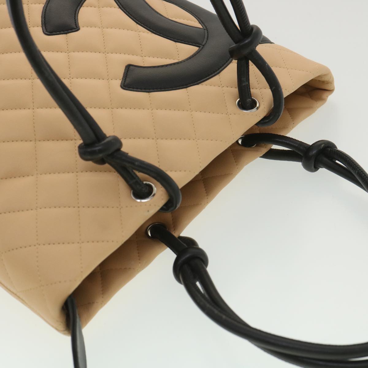 CHANEL Cambon Line Tote Bag Lamb Skin Beige Black CC  36768