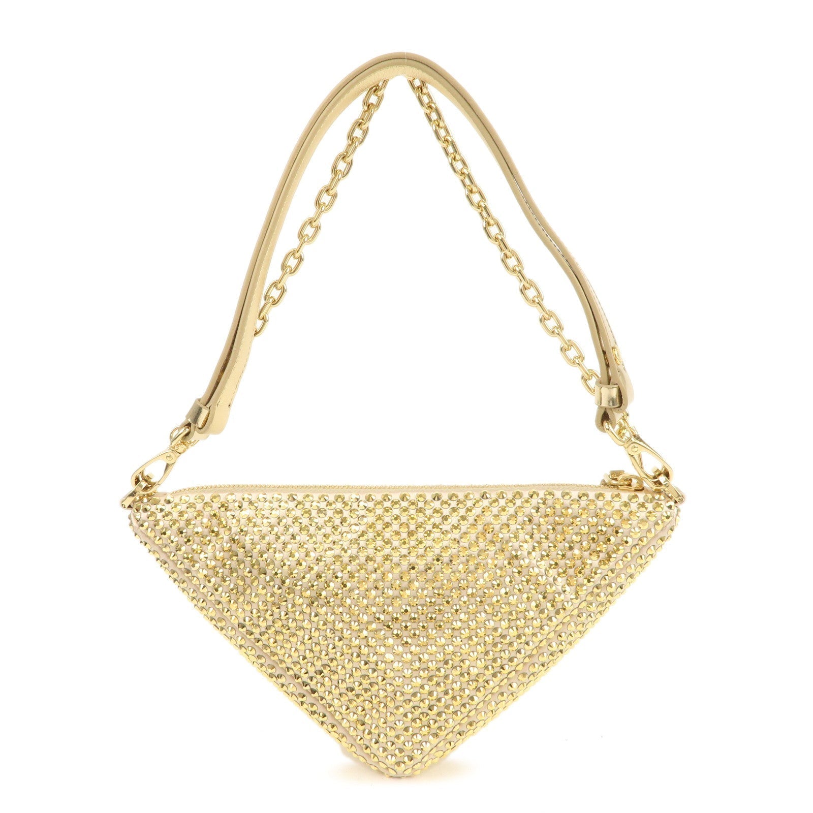 PRADA Triangle Leather Satin Rhine Stone Shoulder Bag Gold 1BC190