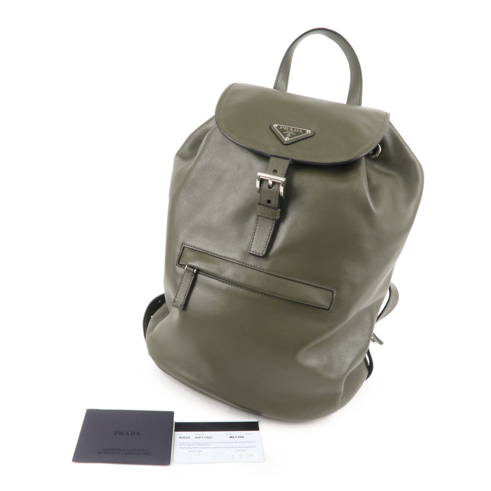 PRADA Logo Leather BackPack Ruck Sack Bag Khaki BZ032L