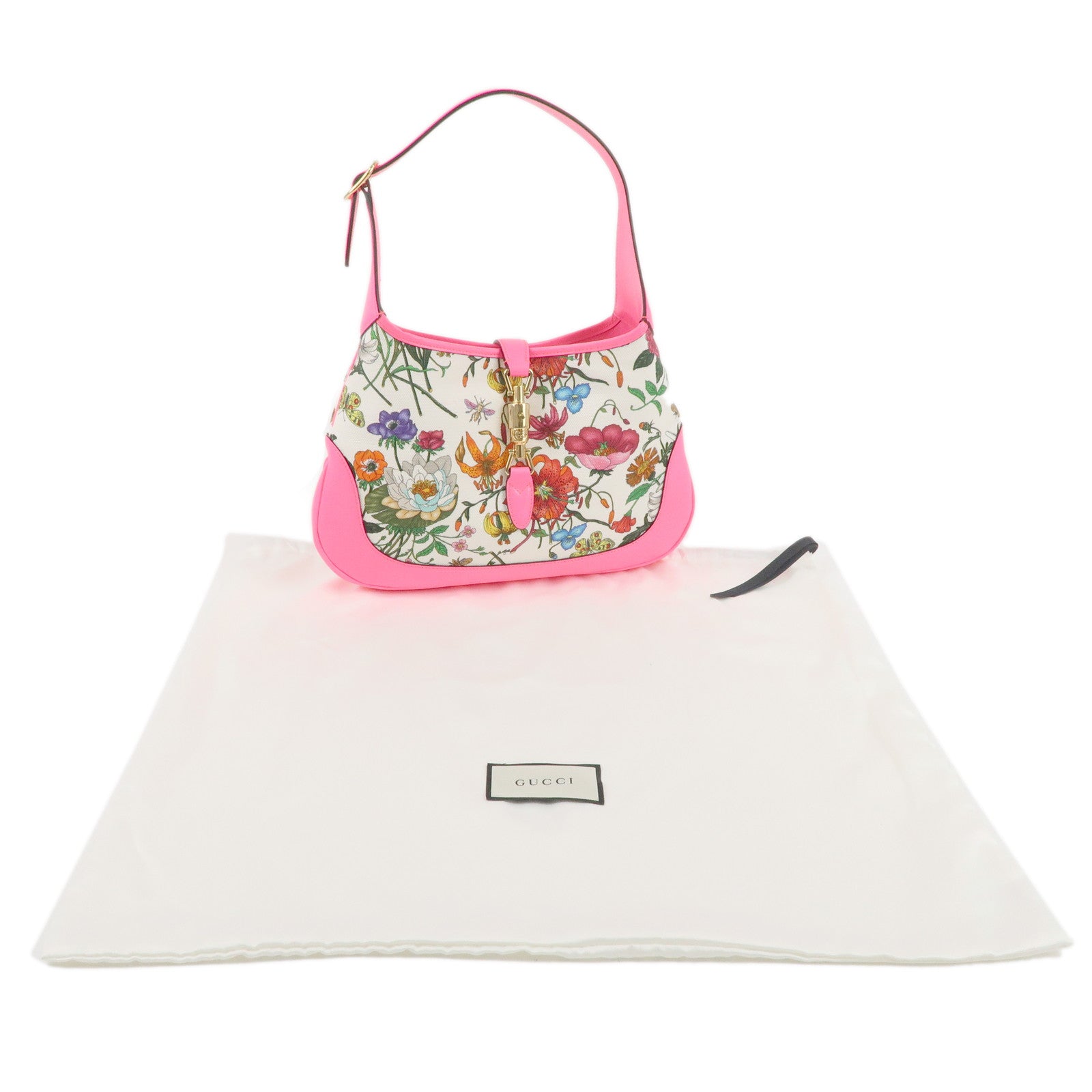 GUCCI New Jackie Flora Canvas Leather Shoulder Bag Pink 550152