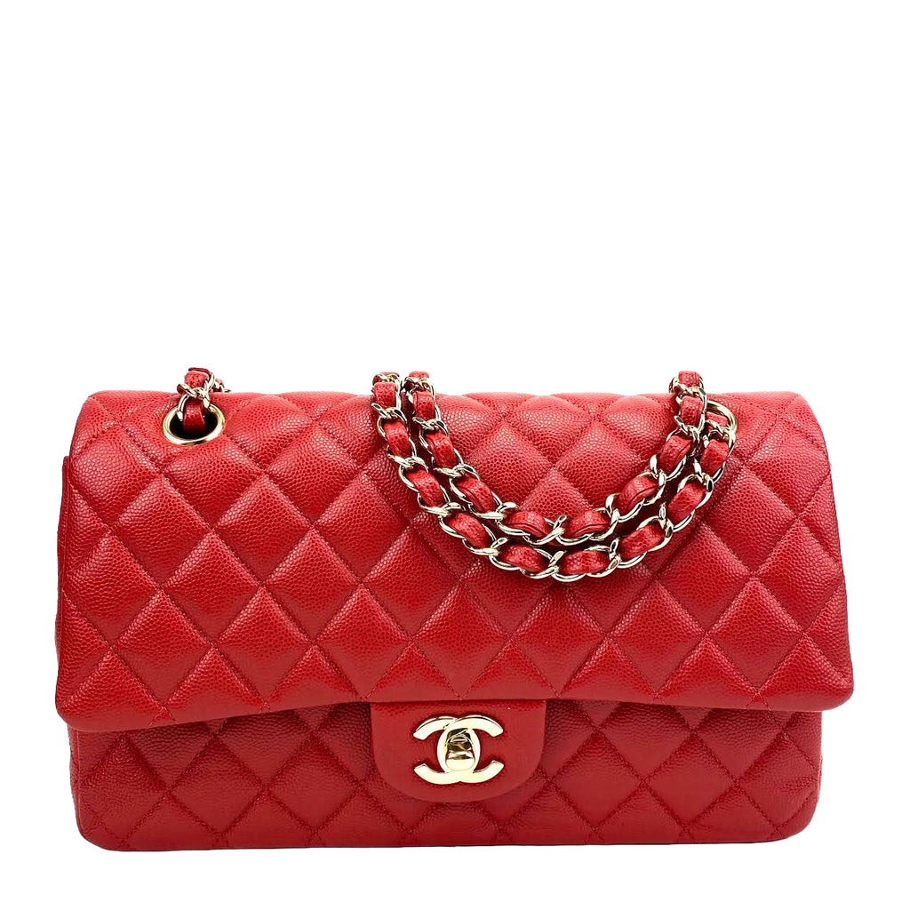 CHANEL Medium Double Flap Quilted Caviar w/gold - Red